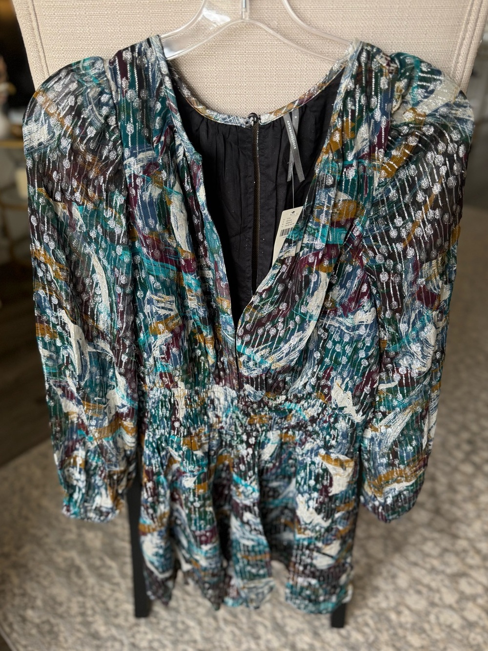 NWT Anthropologie Somerset Metallic Smocked Romper Blue Patte Medium, MSRP $158 - Picture 3 of 8